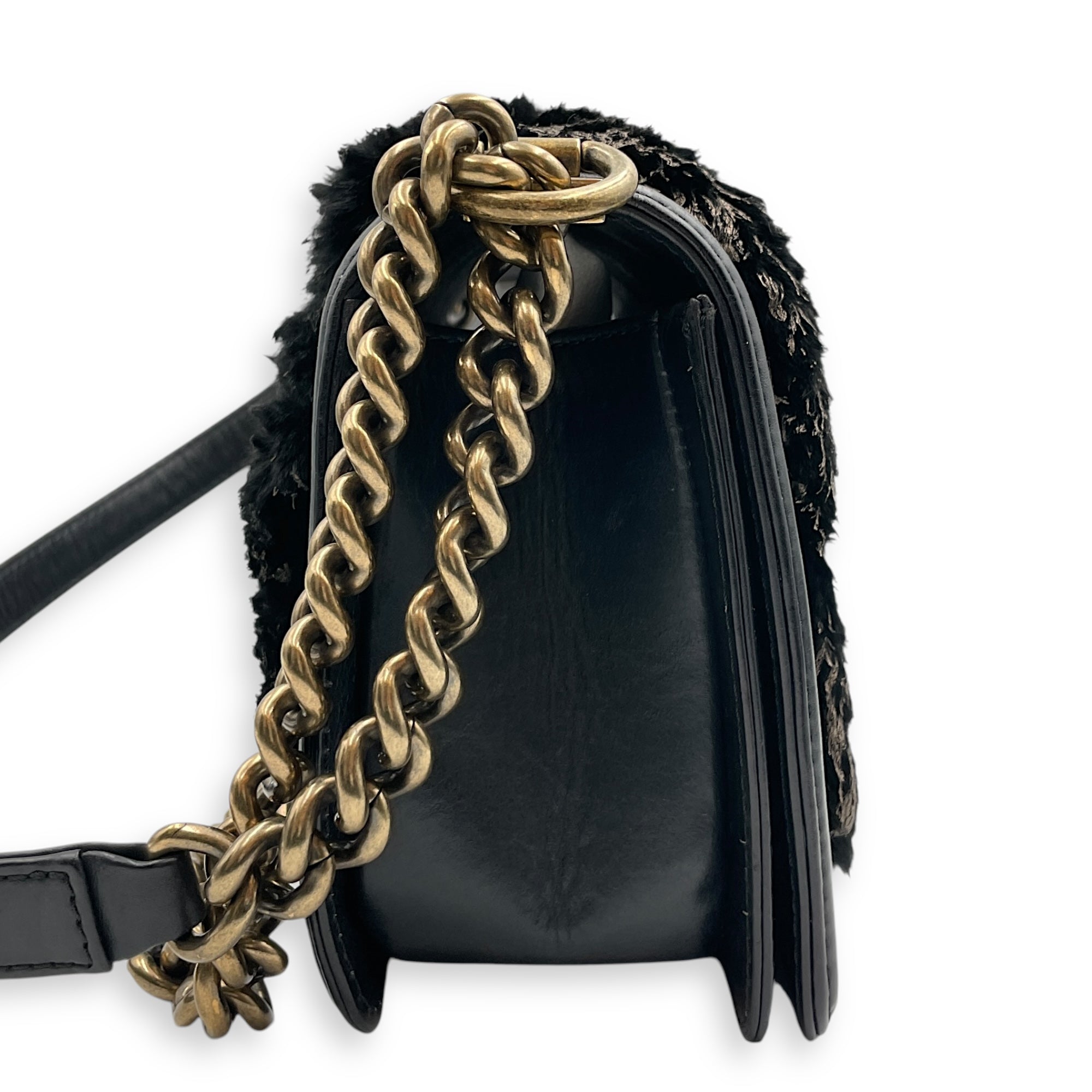 Fur Boy Old Medium Black Shoulder Bag in Fur, Gold hardware - Image 4