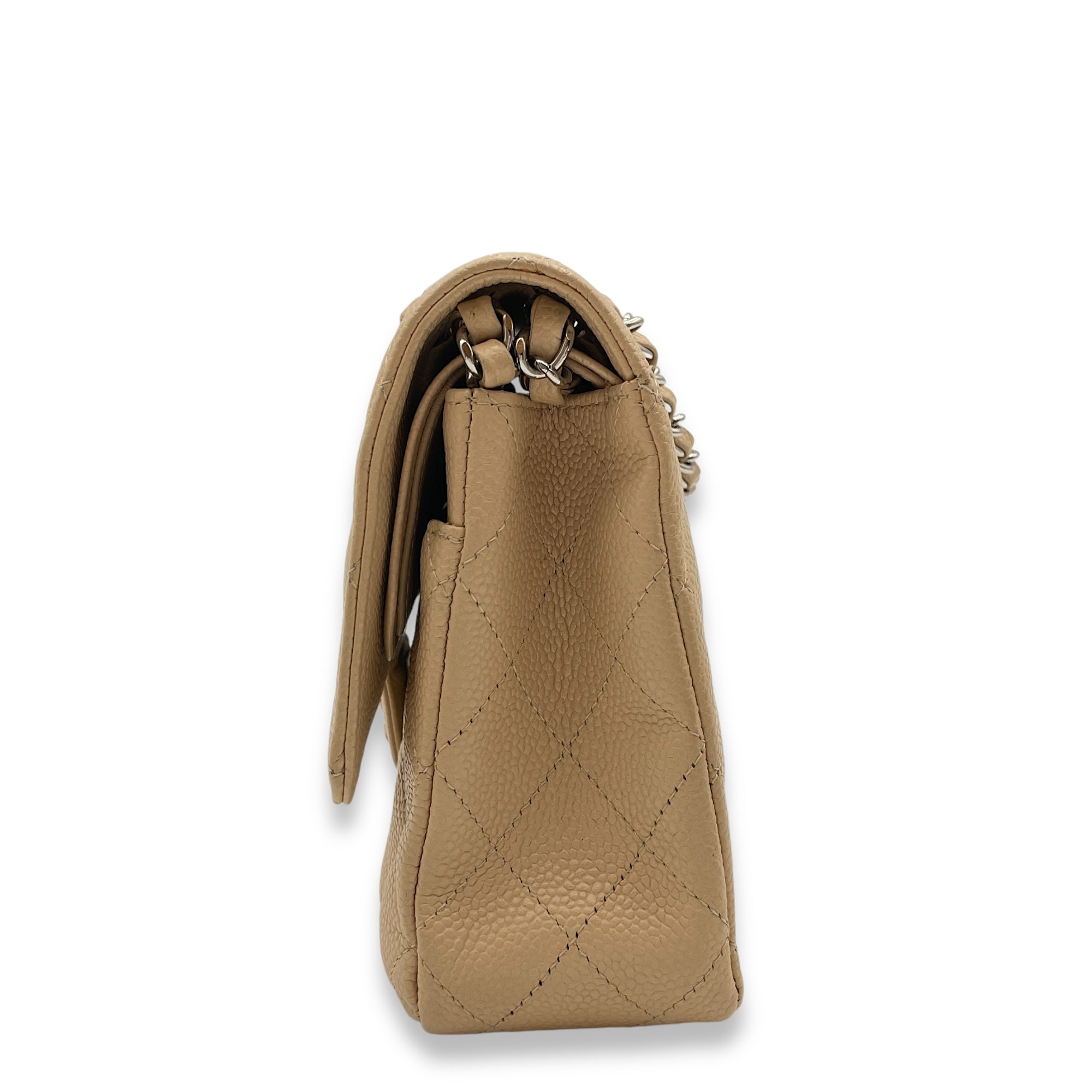 Classic Double Flap Beige Shoulder Bag in Caviar Leather, Silver hardware - Image 6