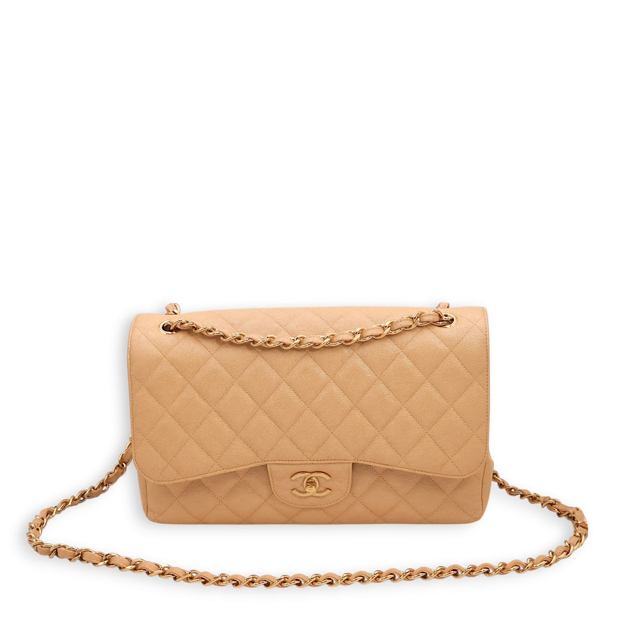 Classic Double Flap Iridescent Beige Shoulder Bag in Caviar Leather, Gold hardware - Image 11