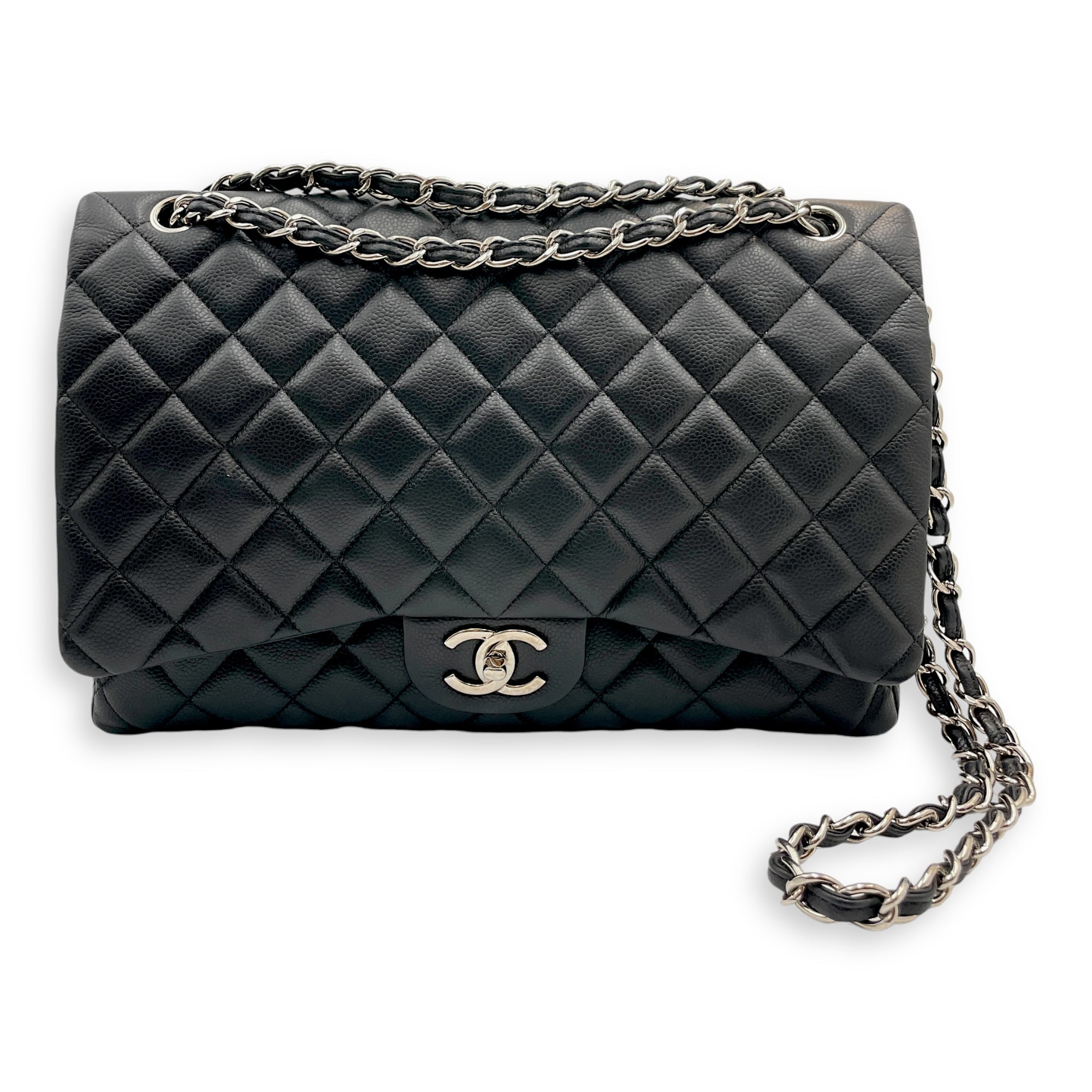 Classic Double Flap Maxi Black Shoulder Bag in Caviar Leather, Silver hardware - Image 12