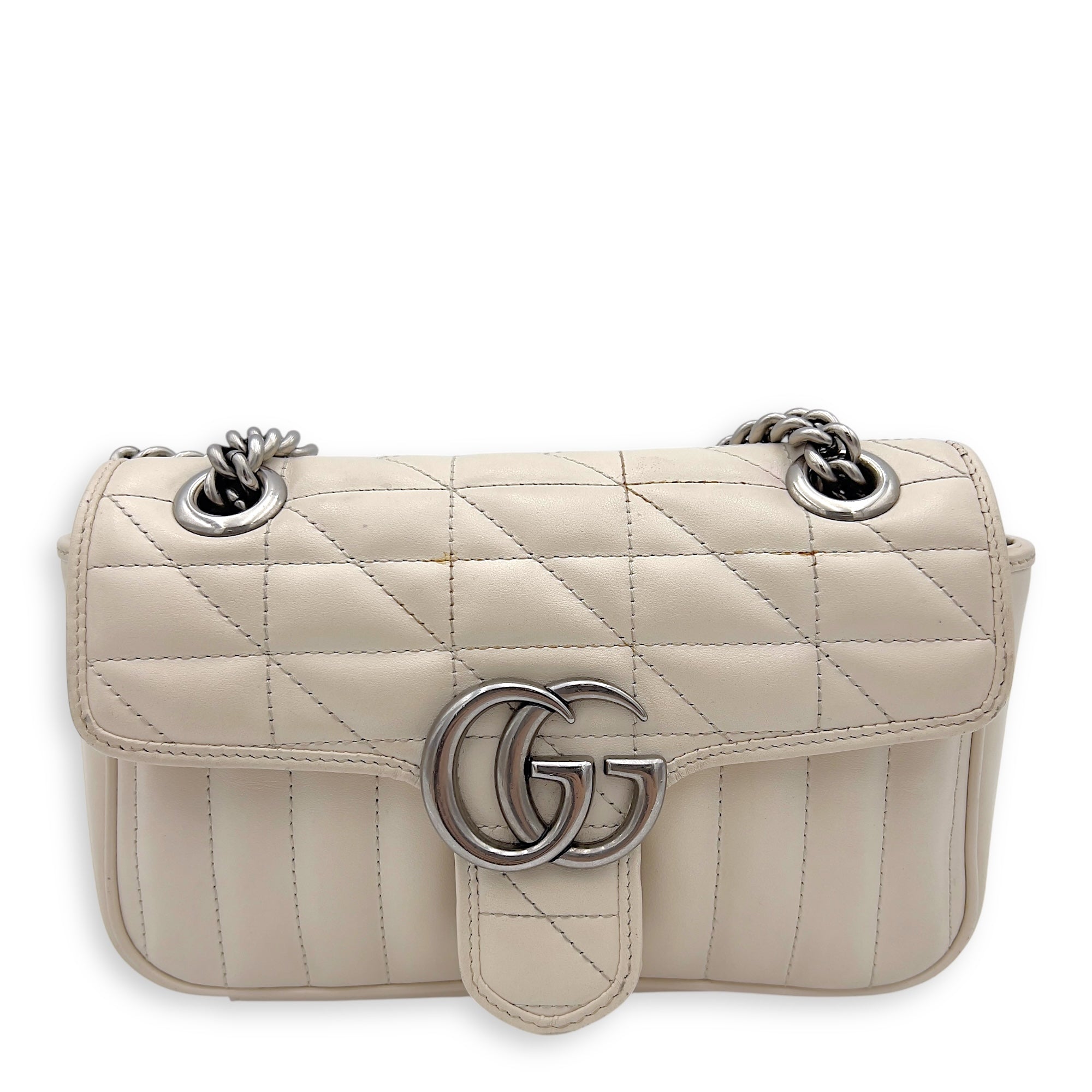 GG Marmont Mini White Shoulder Bag in Calfskin, Silver hardware