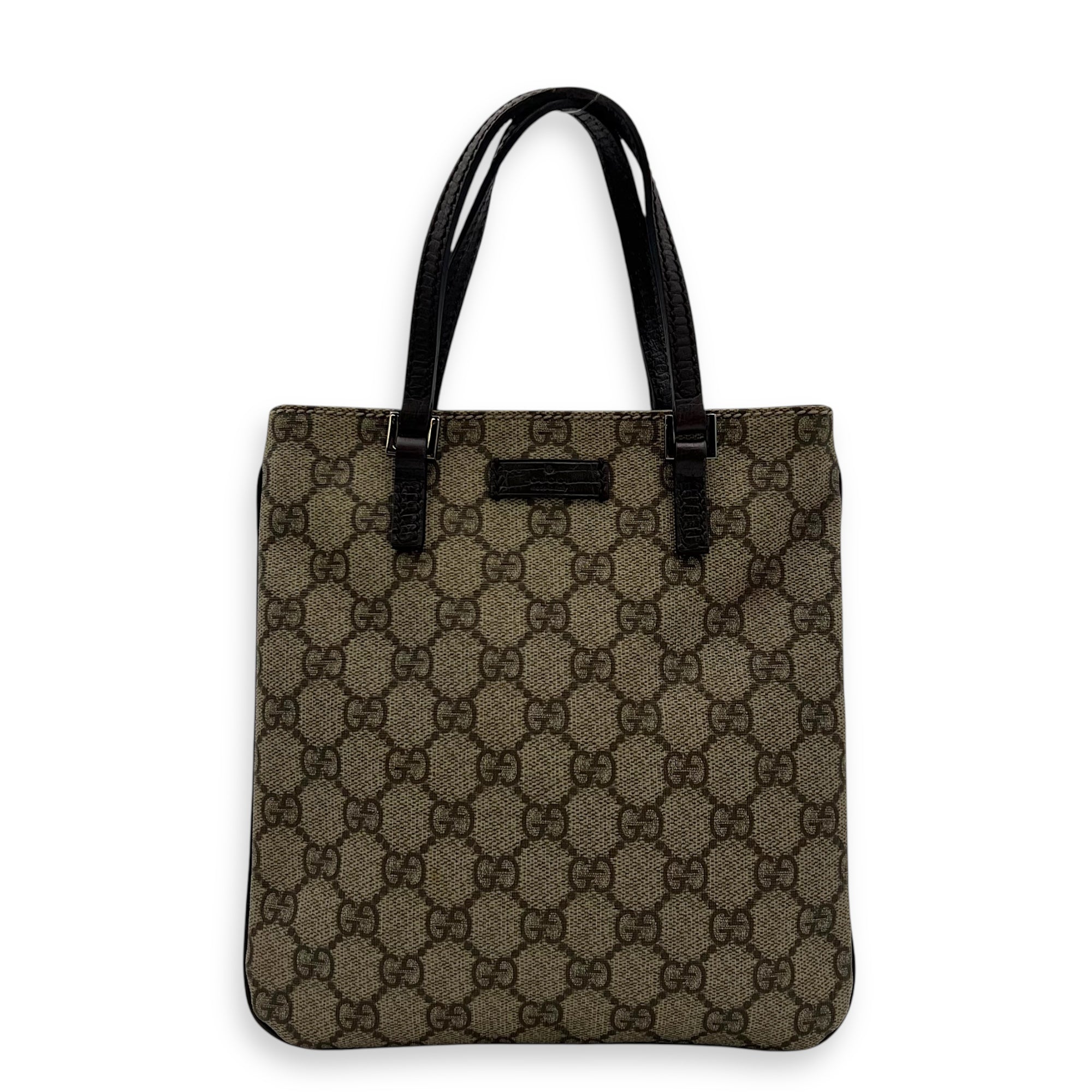 GG Supreme Mini Brown Top Handle Bag in Coated Canvas, Silver hardware