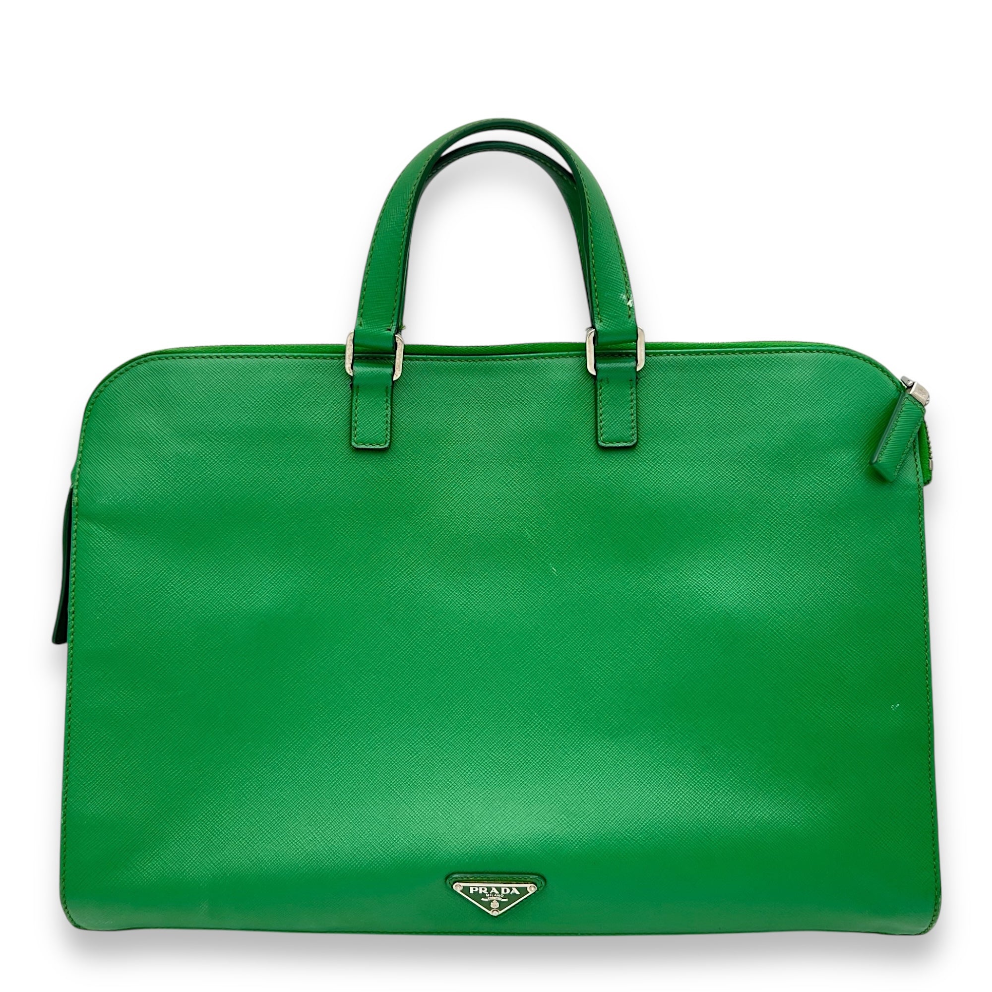 Logo Briefcase Green in Saffiano Leather, Silver hardware
