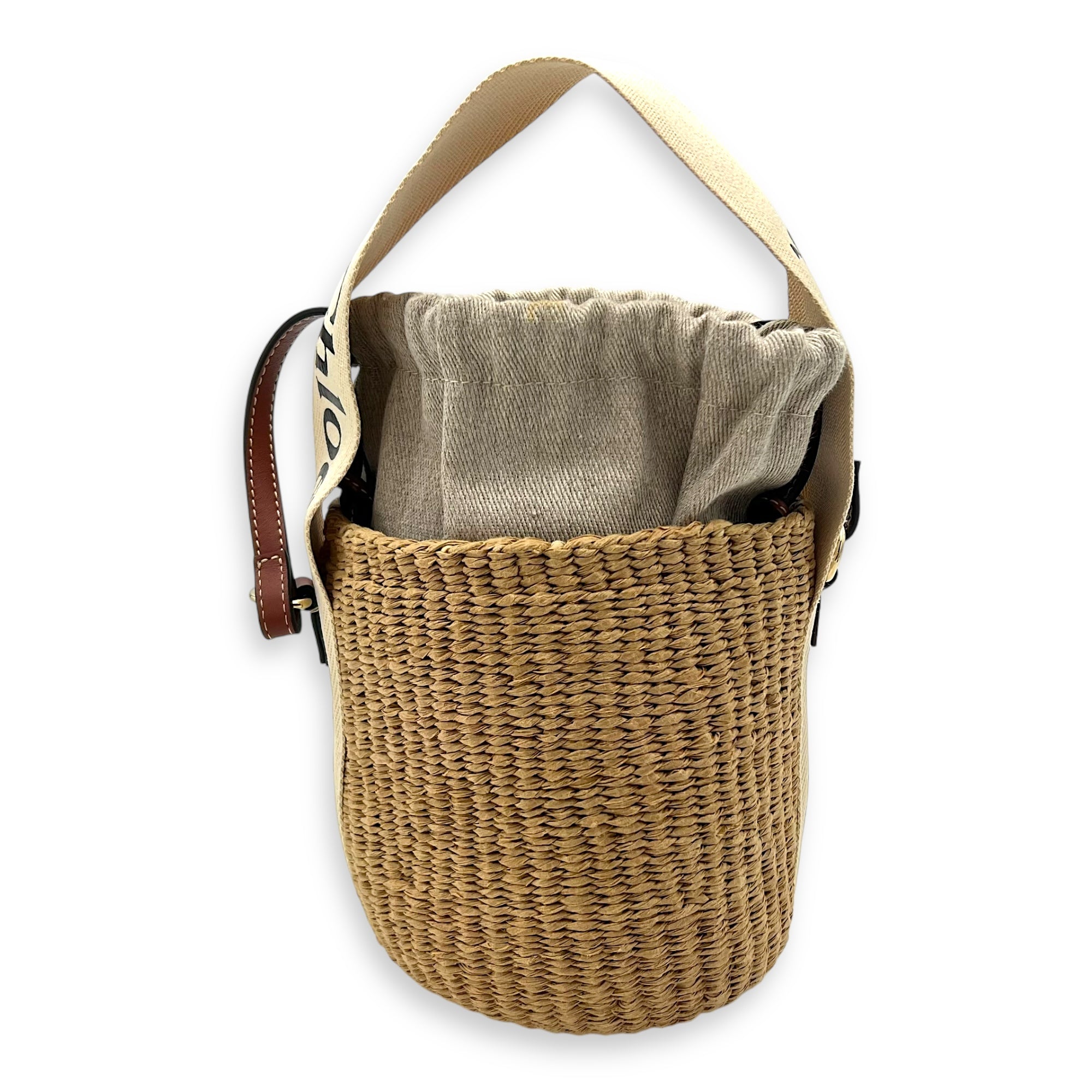 Woody Beige Bucket Bag in Raffia, Gold hardware - Image 3