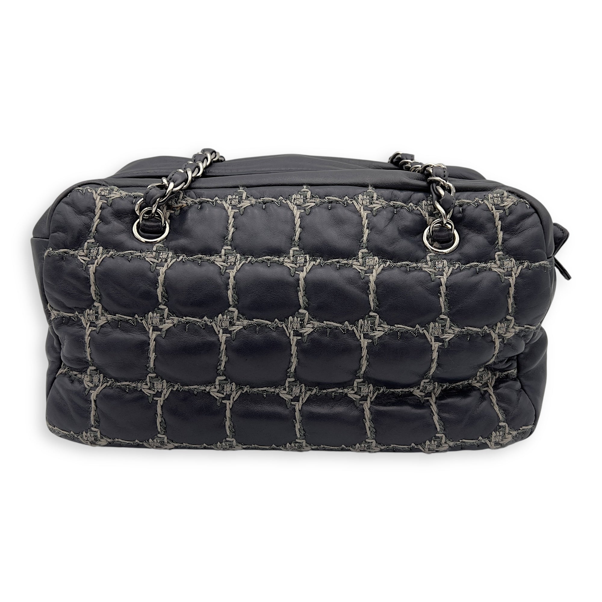 Double Stitch Bubble Grey Shoulder Bag in Tweed and Lambskin, Silver hardware - Image 3
