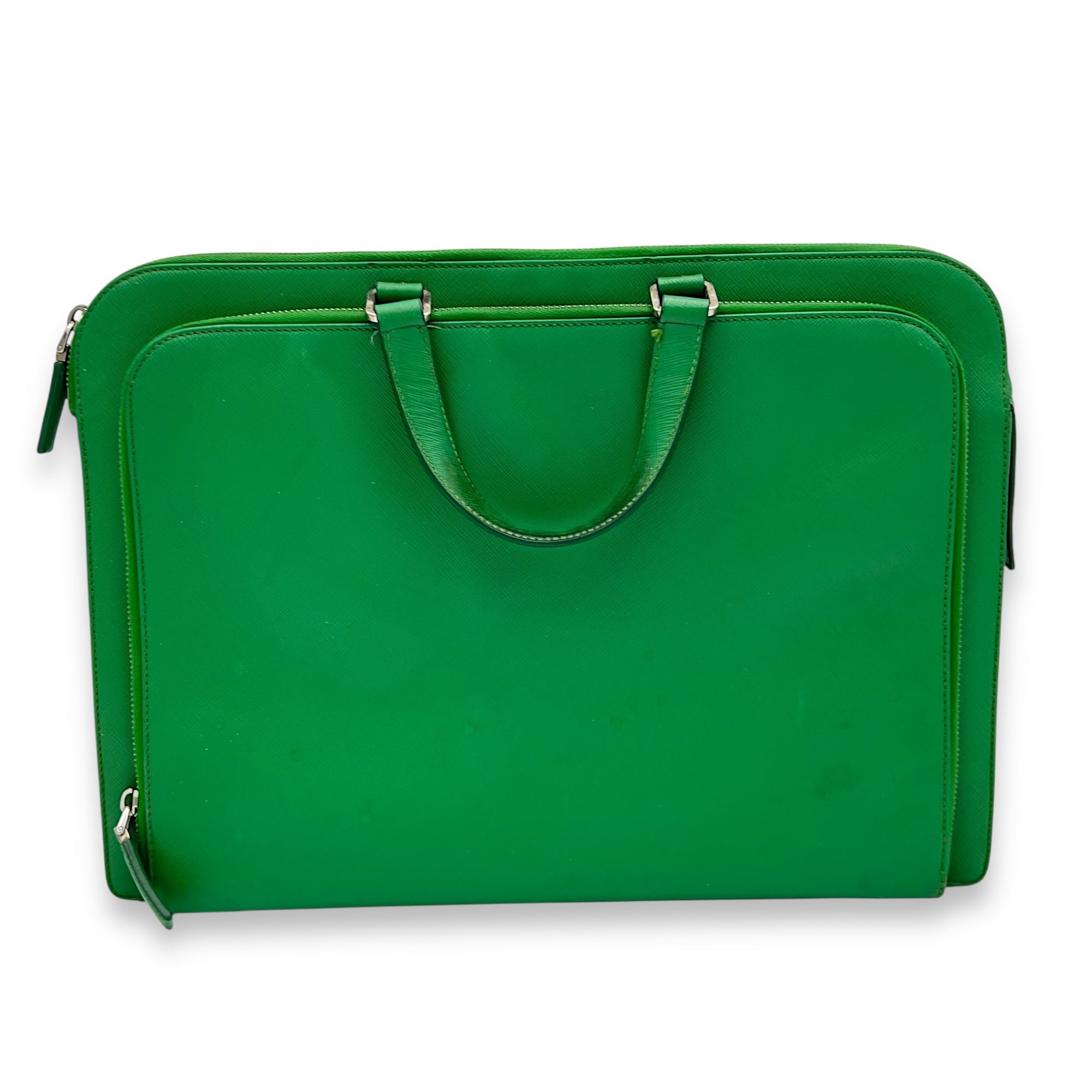 Logo Briefcase Green in Saffiano Leather, Silver hardware - Image 3