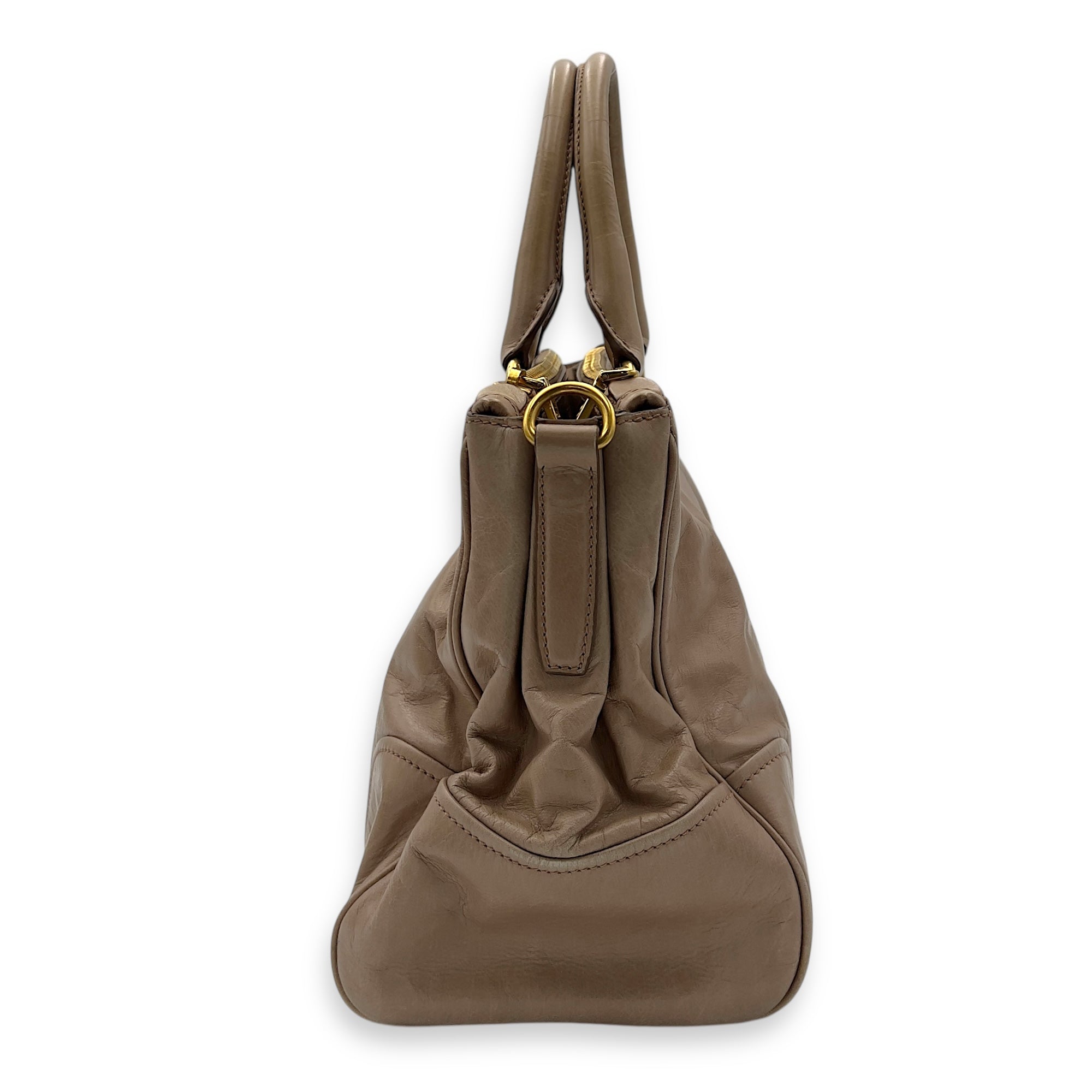 Logo Top Handle Bag Beige in Calfskin, Gold hardware - Image 4