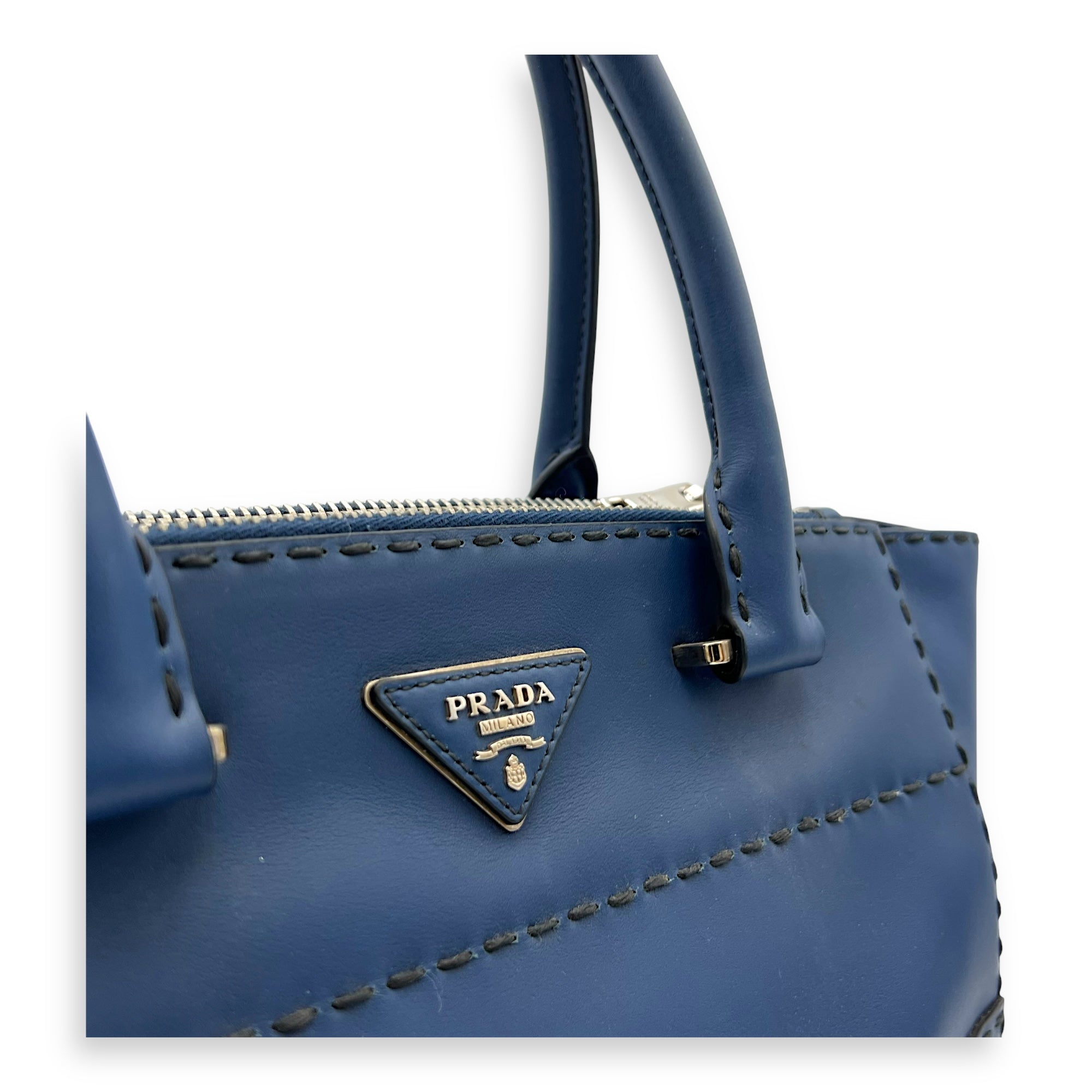 Logo Top Handle Bag Blue in Calfskin, Gold hardware - Image 7