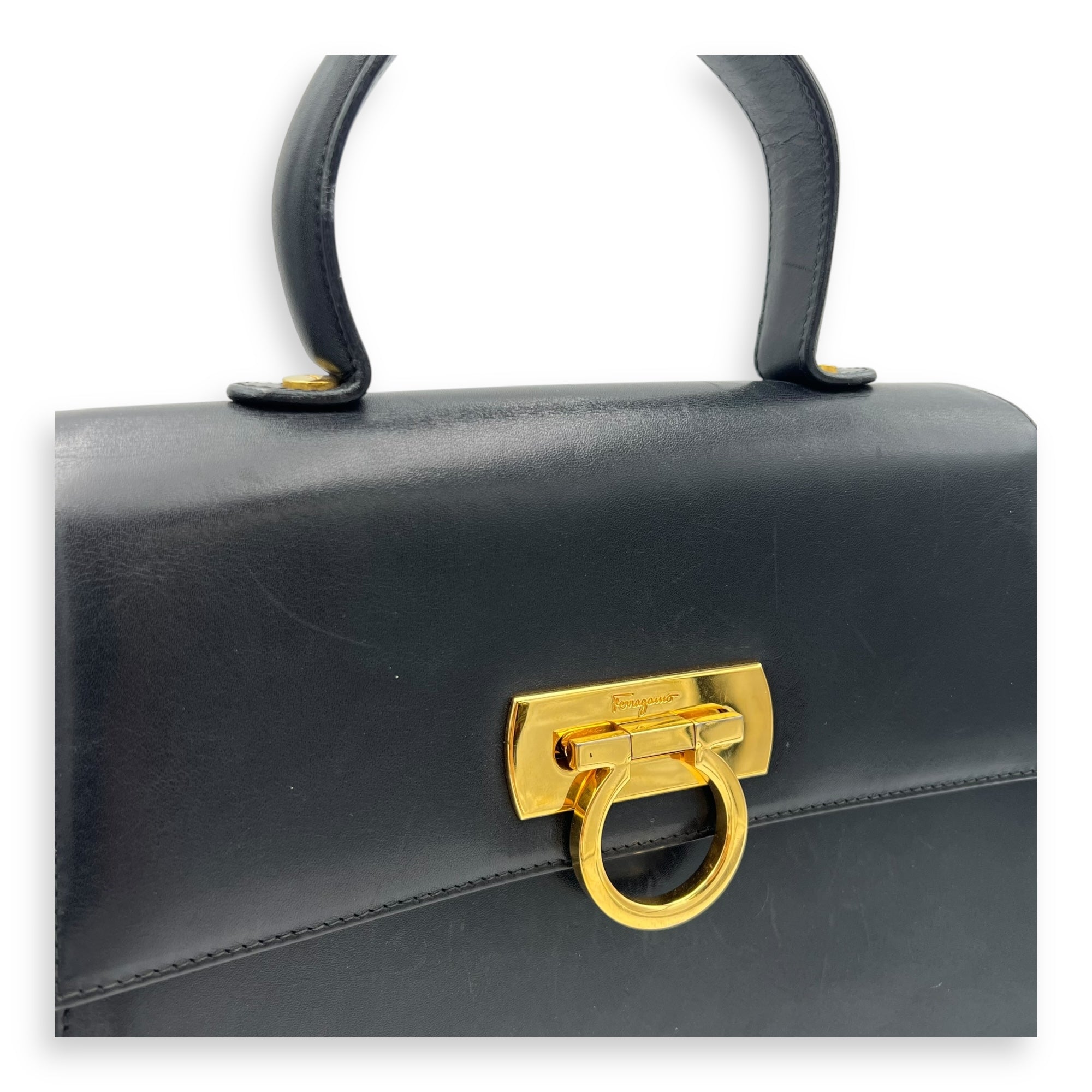 Gancini Black Top Handle Bag in Calfskin, Gold hardware - Image 8
