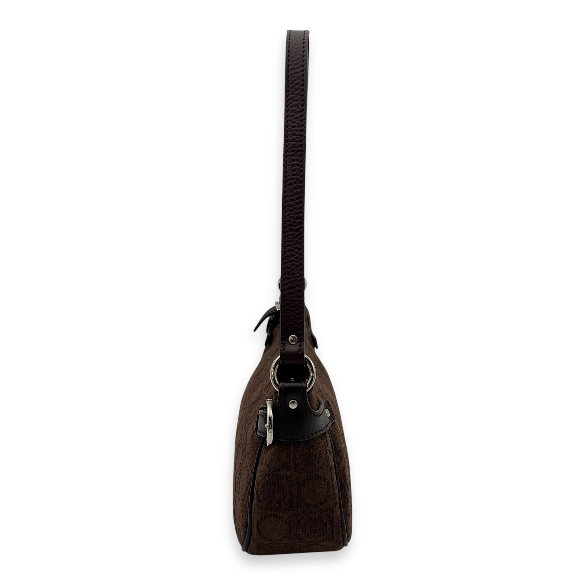 Gancini Brown Shoulder Bag in Fabric, Silver hardware - Image 5