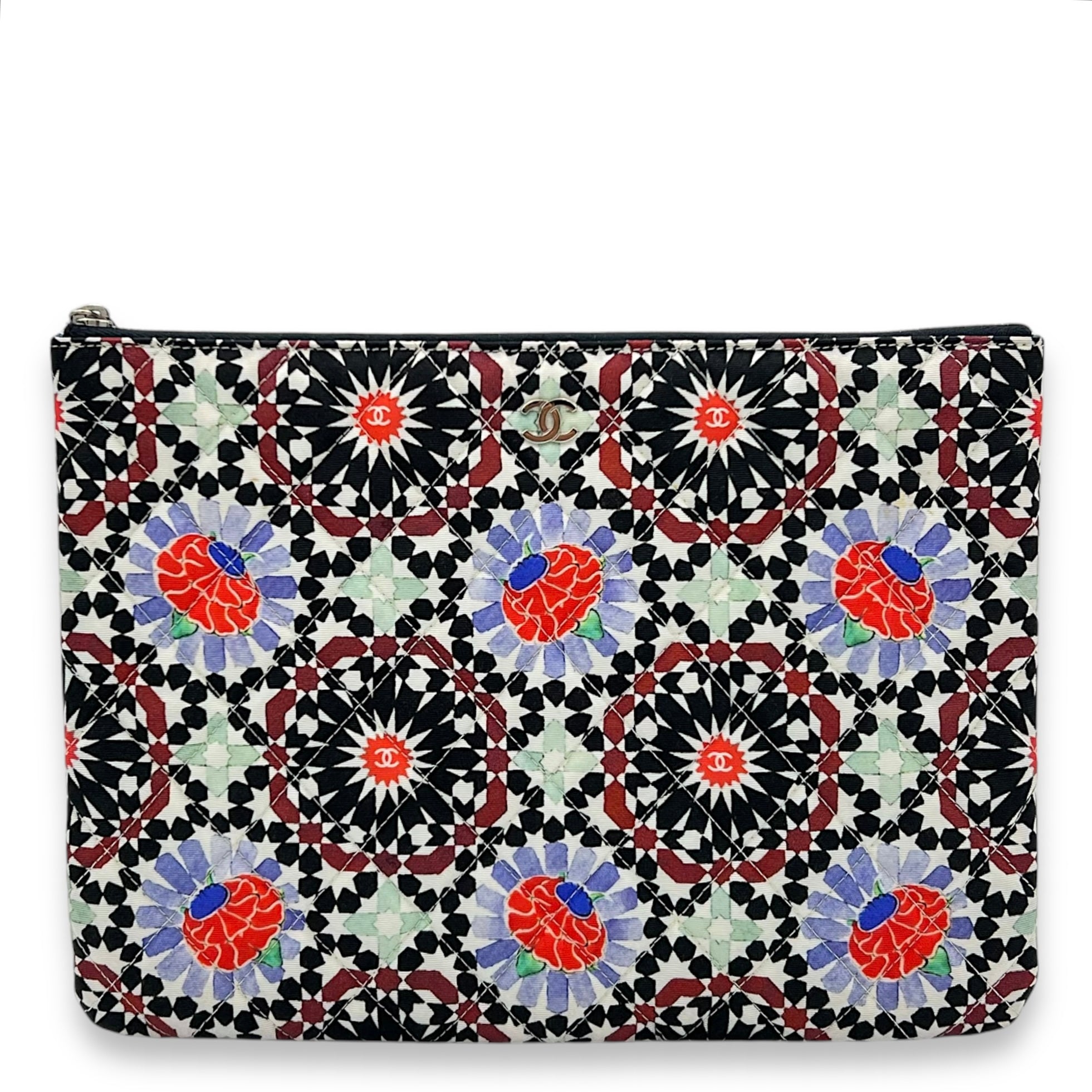 Quilted Printed Dubai Paris O Case Black Pouch in Fabric, Silver hardware