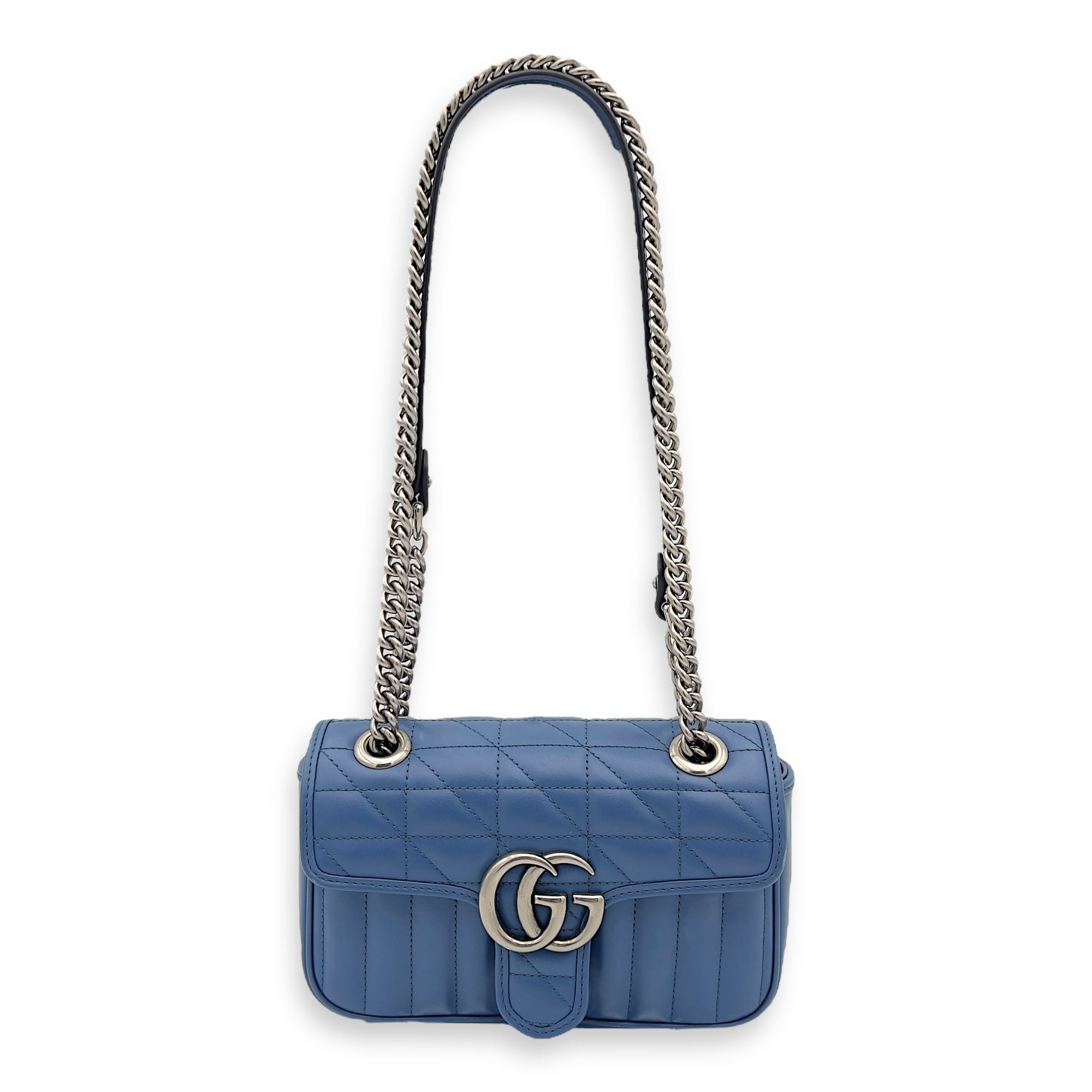 GG Marmont Shoulder Bag Blue in Calfskin, Ruthenium hardware - Image 9