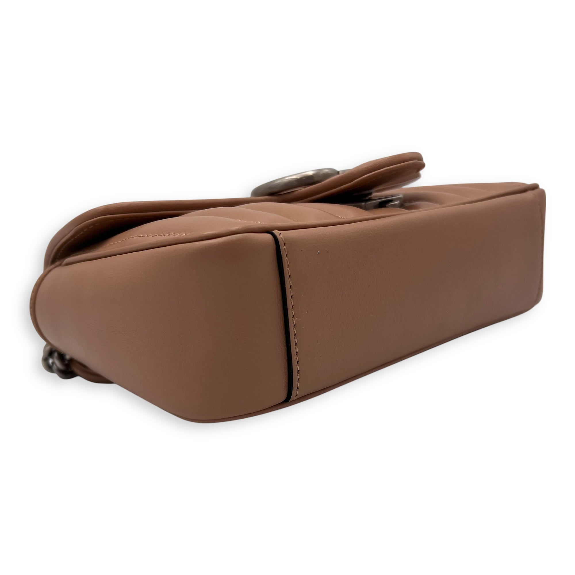 GG Marmont Mini Beige Crossbody Bag in Calfskin, Silver hardware - Image 9