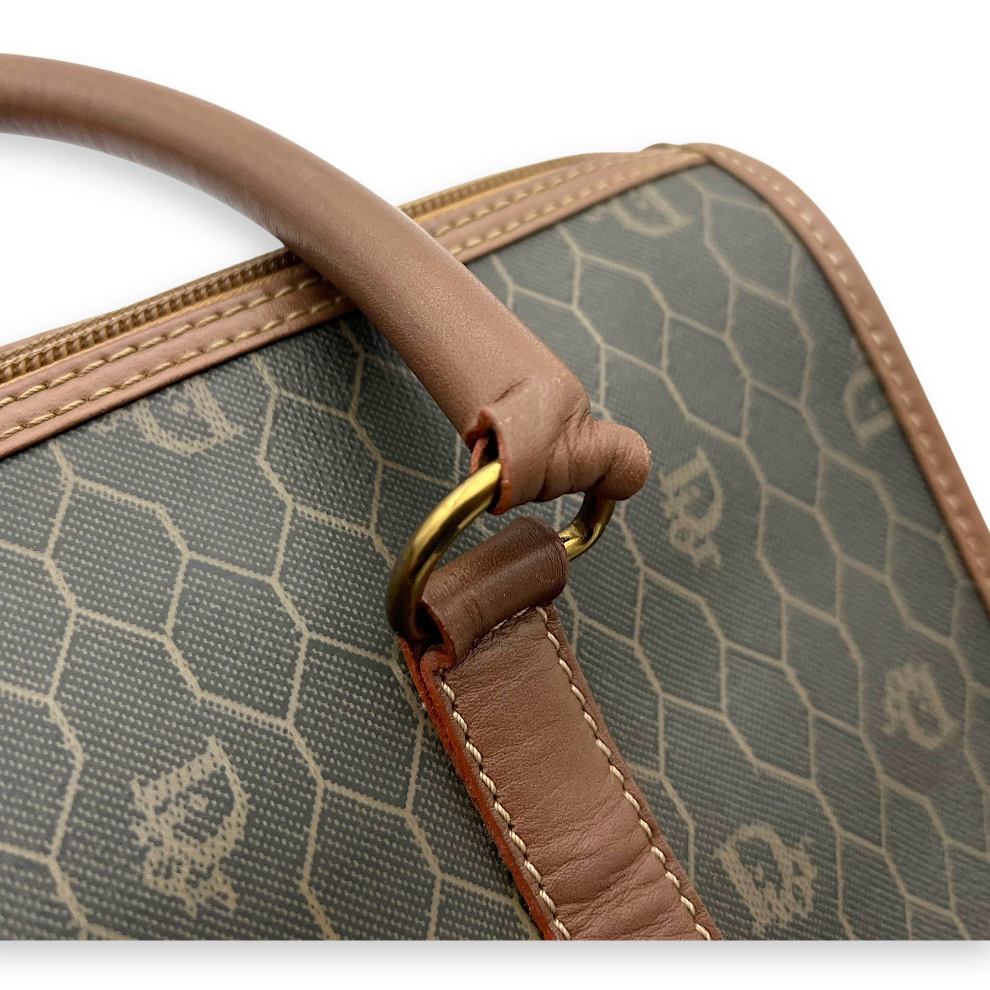 Honeycomb Top Handle Bag Brown in Coated Canvas, Gold hardware - Image 14