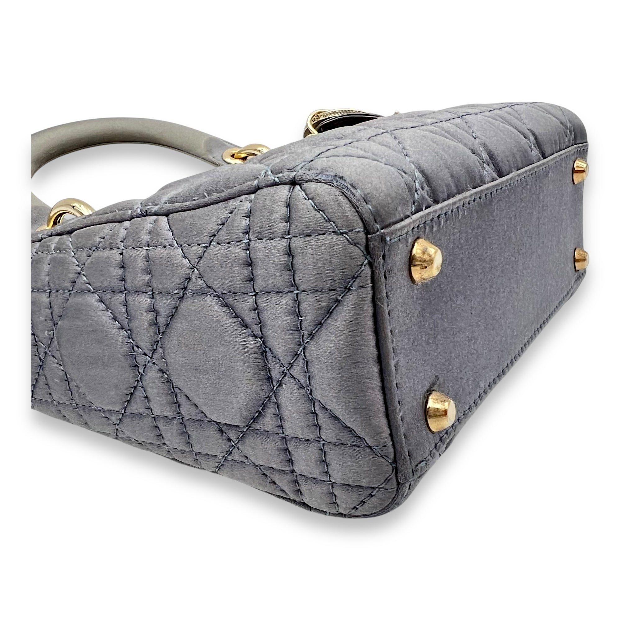 Lady Dior Top Handle Bag Mini Grey in Satin, Gold hardware - Image 10