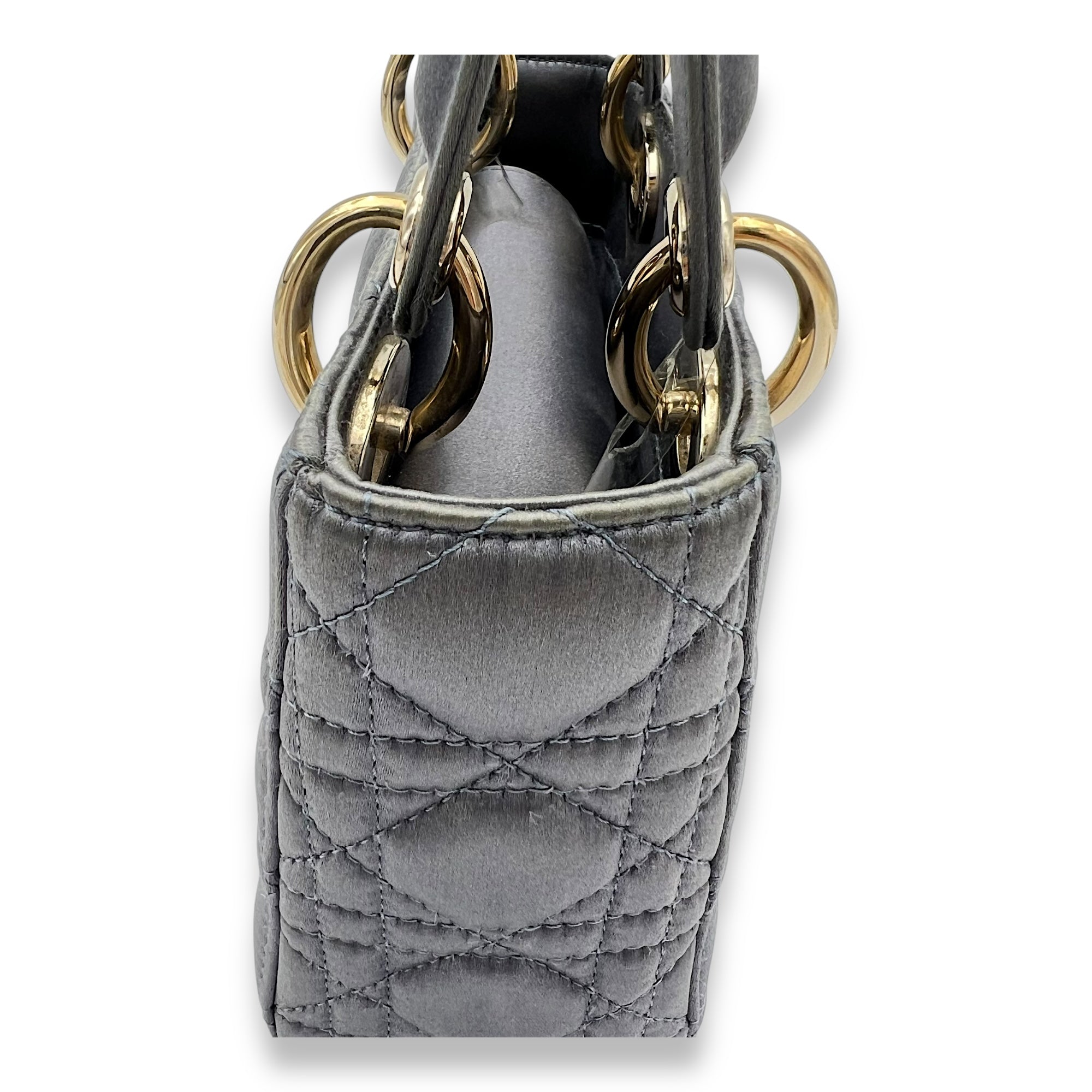Lady Dior Top Handle Bag Mini Grey in Satin, Gold hardware - Image 11