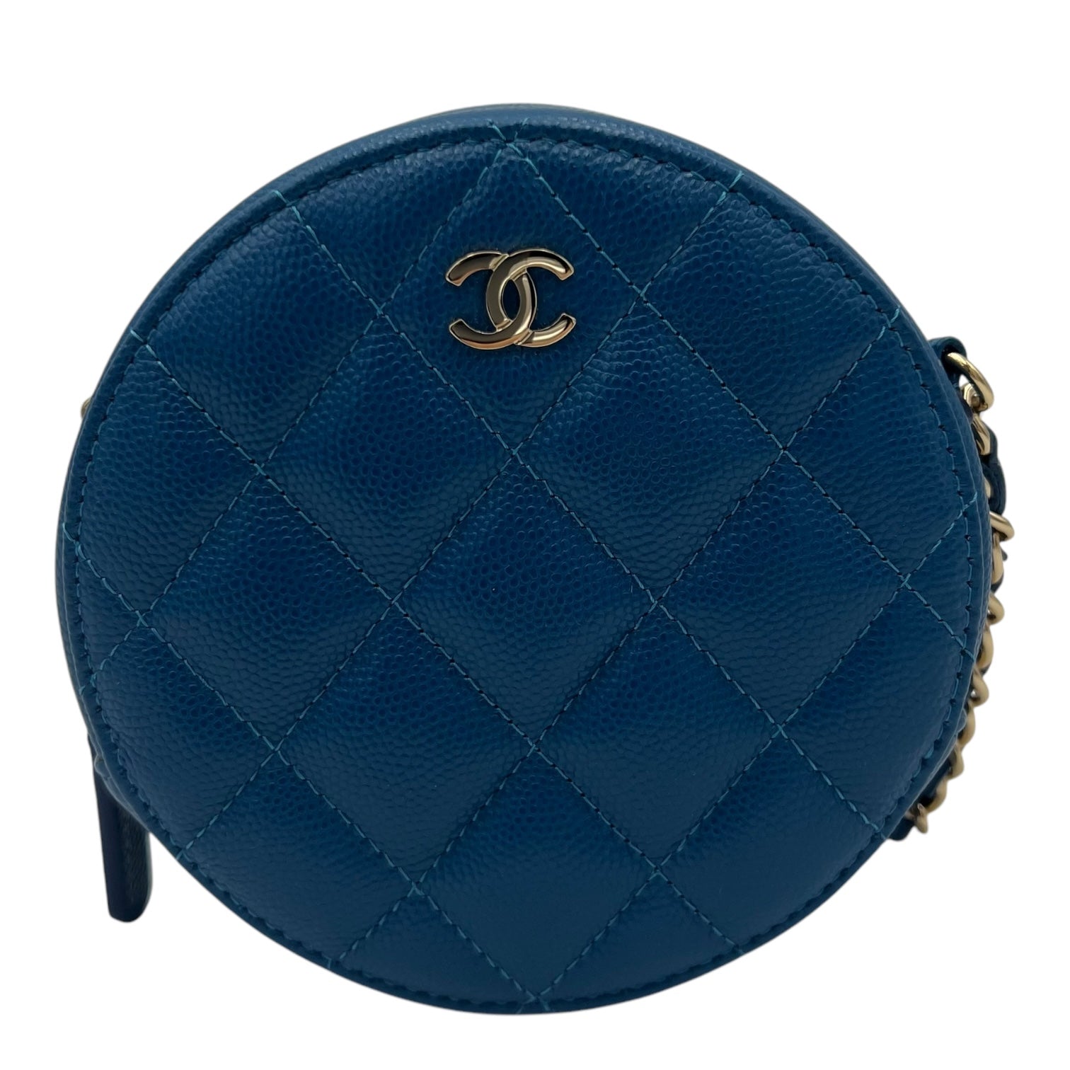 Round CC Crossbody Bag Blue in Caviar Leather, Gold hardware