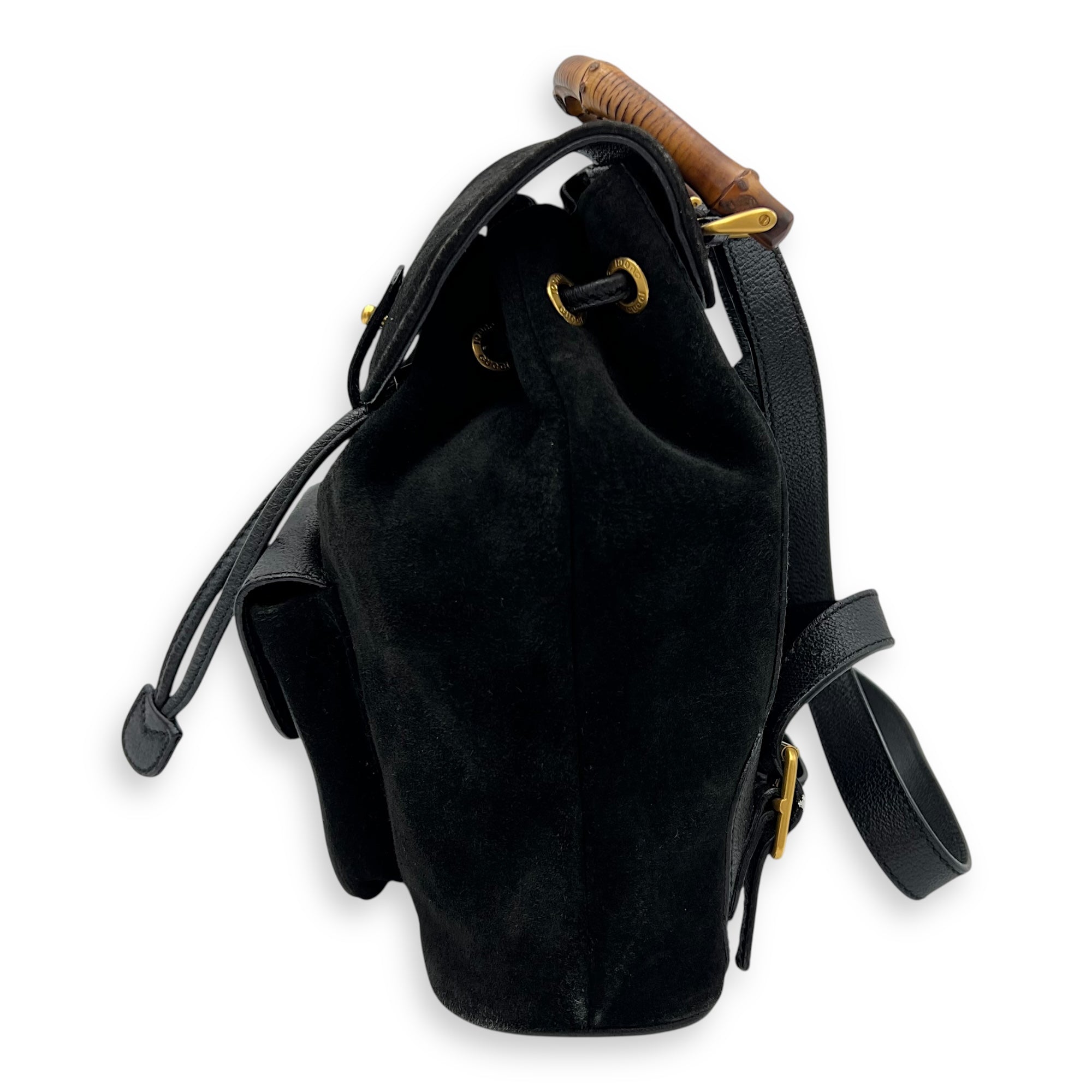 Bamboo Backpack Black in Suede Leather, Gold hardware - Image 4