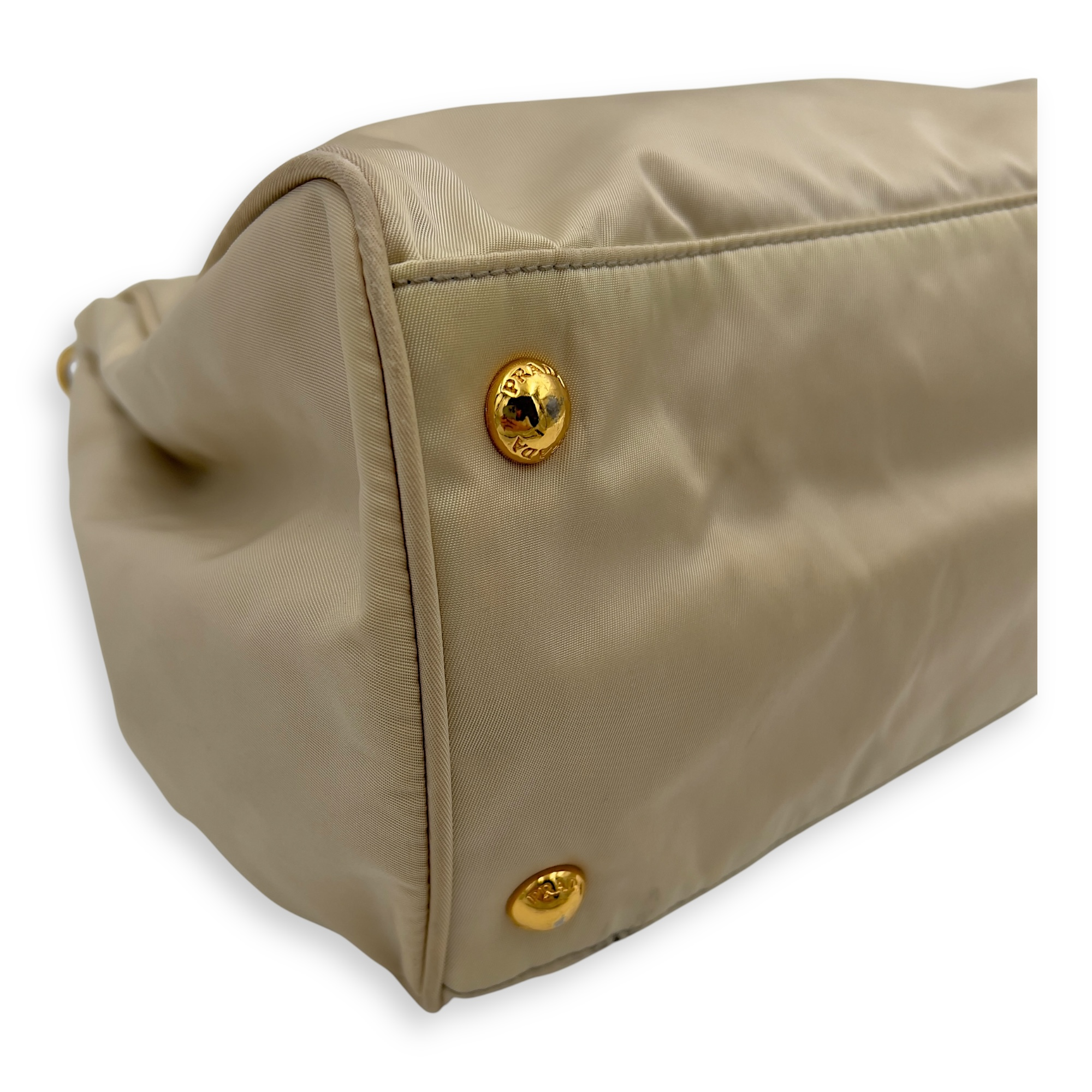 Logo Top Handle Bag Beige in Nylon, Gold hardware - Image 8
