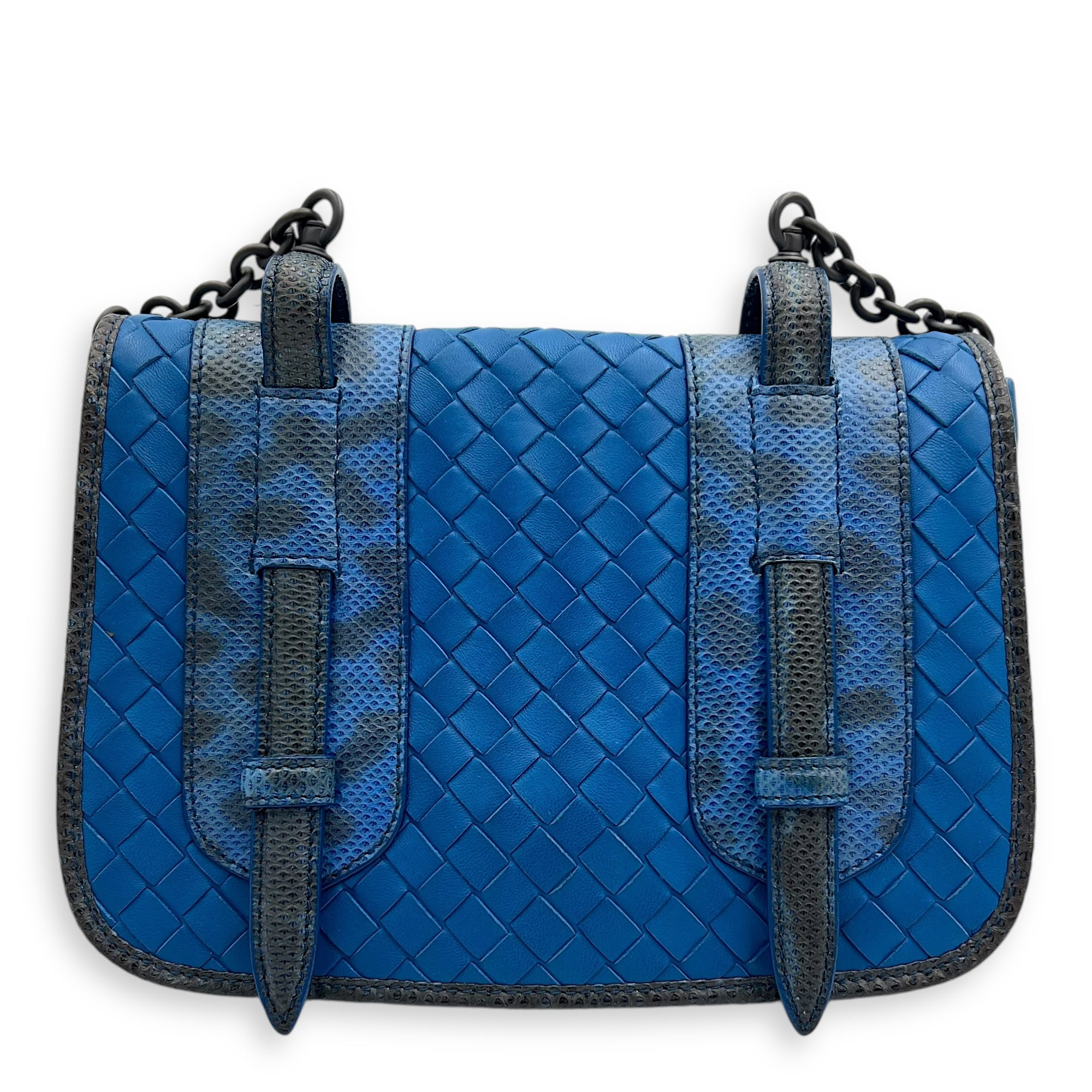 Intrecciato Blue Shoulder Bag in Lambskin and Lizard, Ruthenium hardware - Image 3