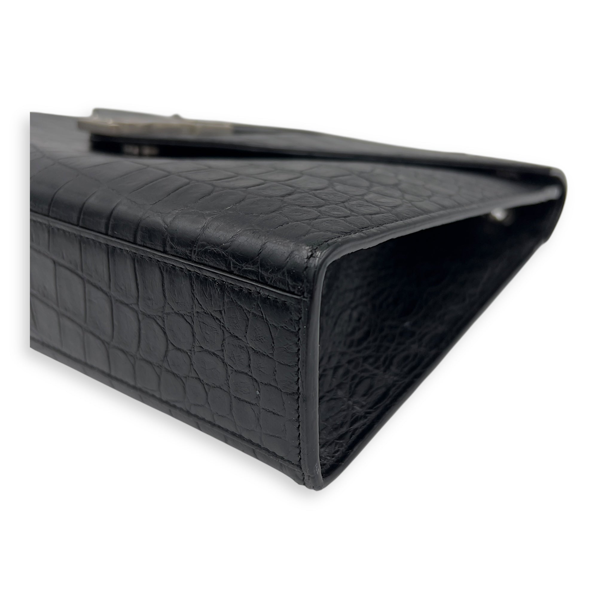 Envelope Shoulder Bag Black in Crocodile Embossed Calfskin, Silver hardware - Image 9