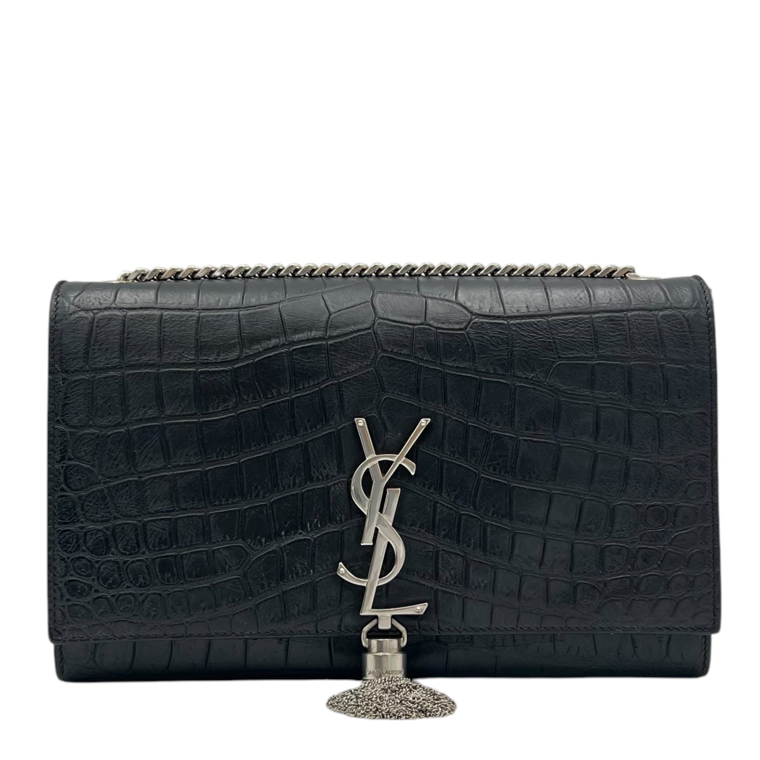 Kate Crossbody Bag Black in Crocodile Embossed Calfskin, Silver hardware